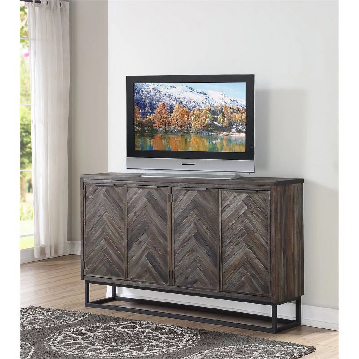 Solid Wood Herringbone 4-Door Credenza U3582