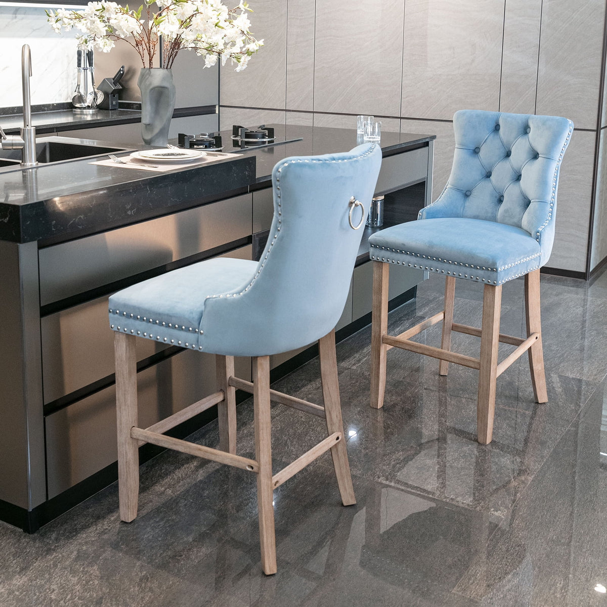 Velvet Bar Stools Set of 2, 27" Seat Height, Tufted Back, Wood Frame, Light Blue F7491