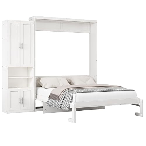 Queen Murphy Bed with 2 Side Cabinet Storage Shelf, Metal Frame, Brown J6424