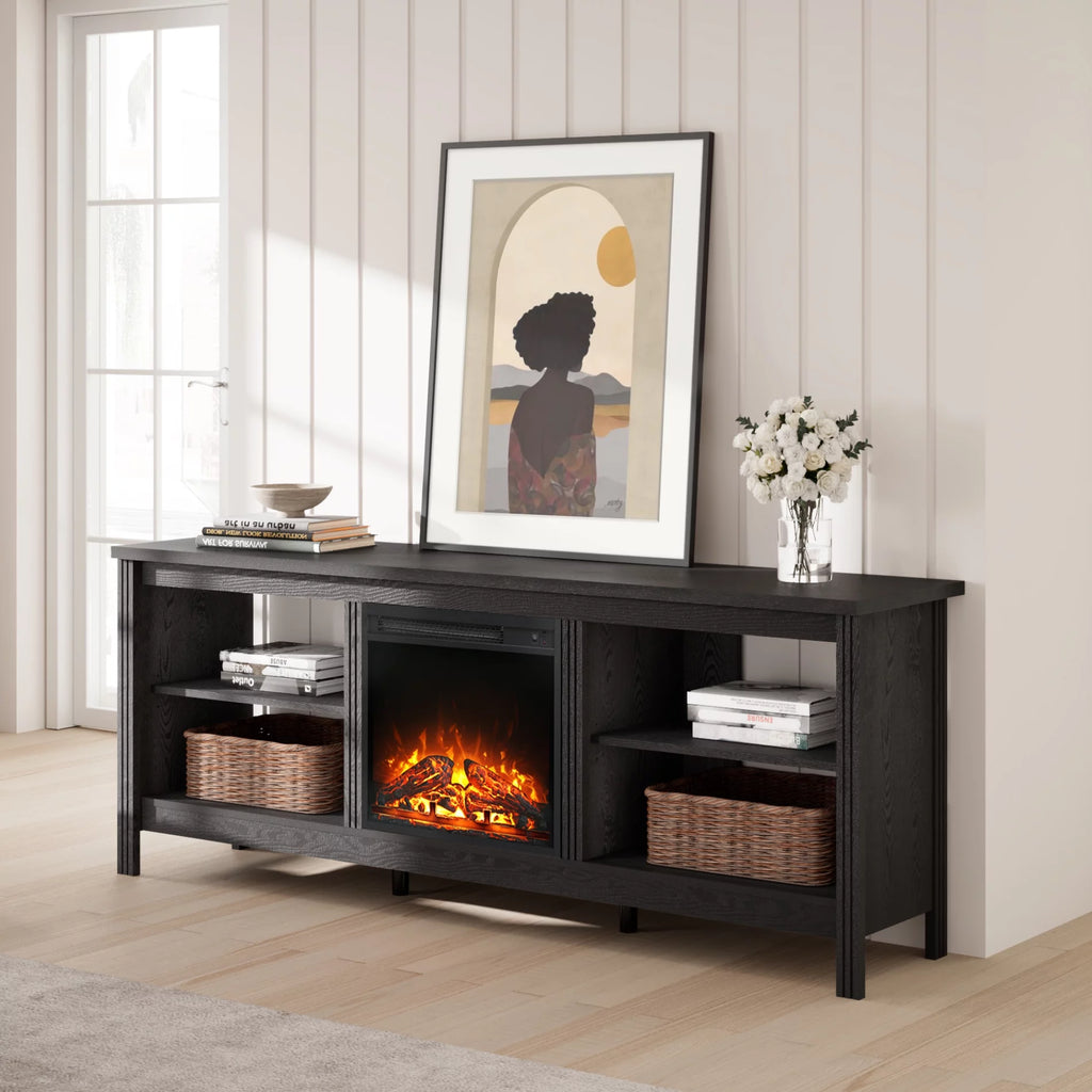 Black 70 inch Wood Fireplace TV Stand with 4 Storage J830927