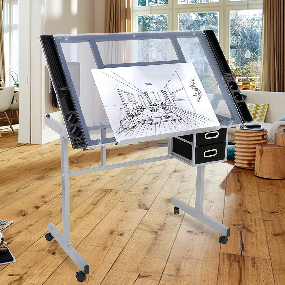 Adjustable Glass Tabletop Drawing Desk with 2 Slide Drawers and Wheels B654