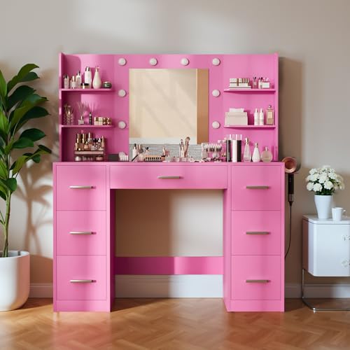 White Vanity Desk with Mirror, LED Lights, 7 Drawers and 6 Storage Shelves M659183