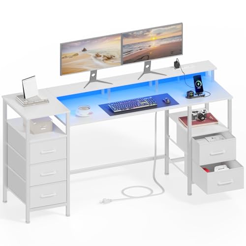 55 Inch White Gaming Desk with Power Outlets and LED Lights E326