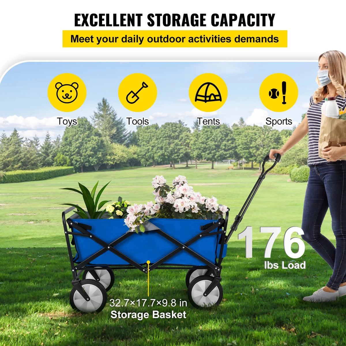 Collapsible Wagon Cart, 176 lbs Load, Blue & Gray S791