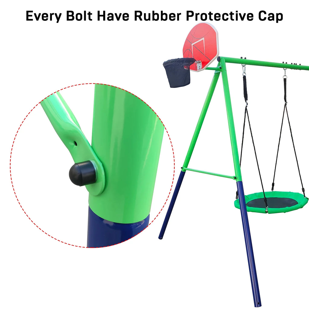 Swing Set with 32in Saucer Swing, EVA Swing Seat, Kids Basketball Hoop, Soccer Net, 440lbs Heavy Duty Anti-Rust Steel A-Frame F59322