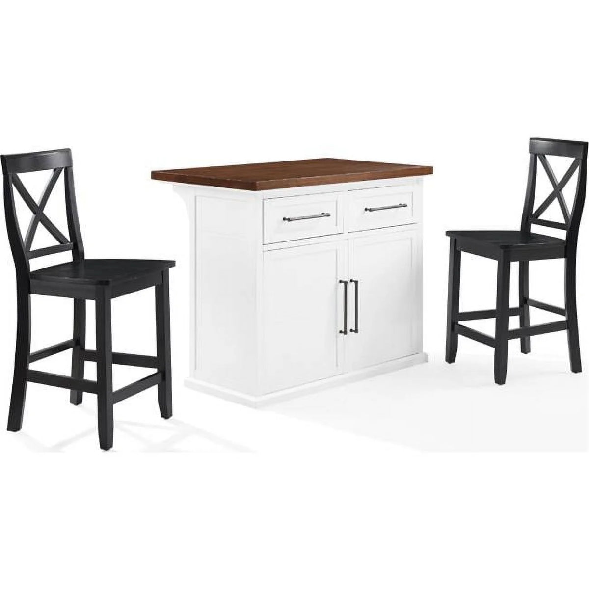 White Wood Top Kitchen Island with Black X-Back Stools S6188