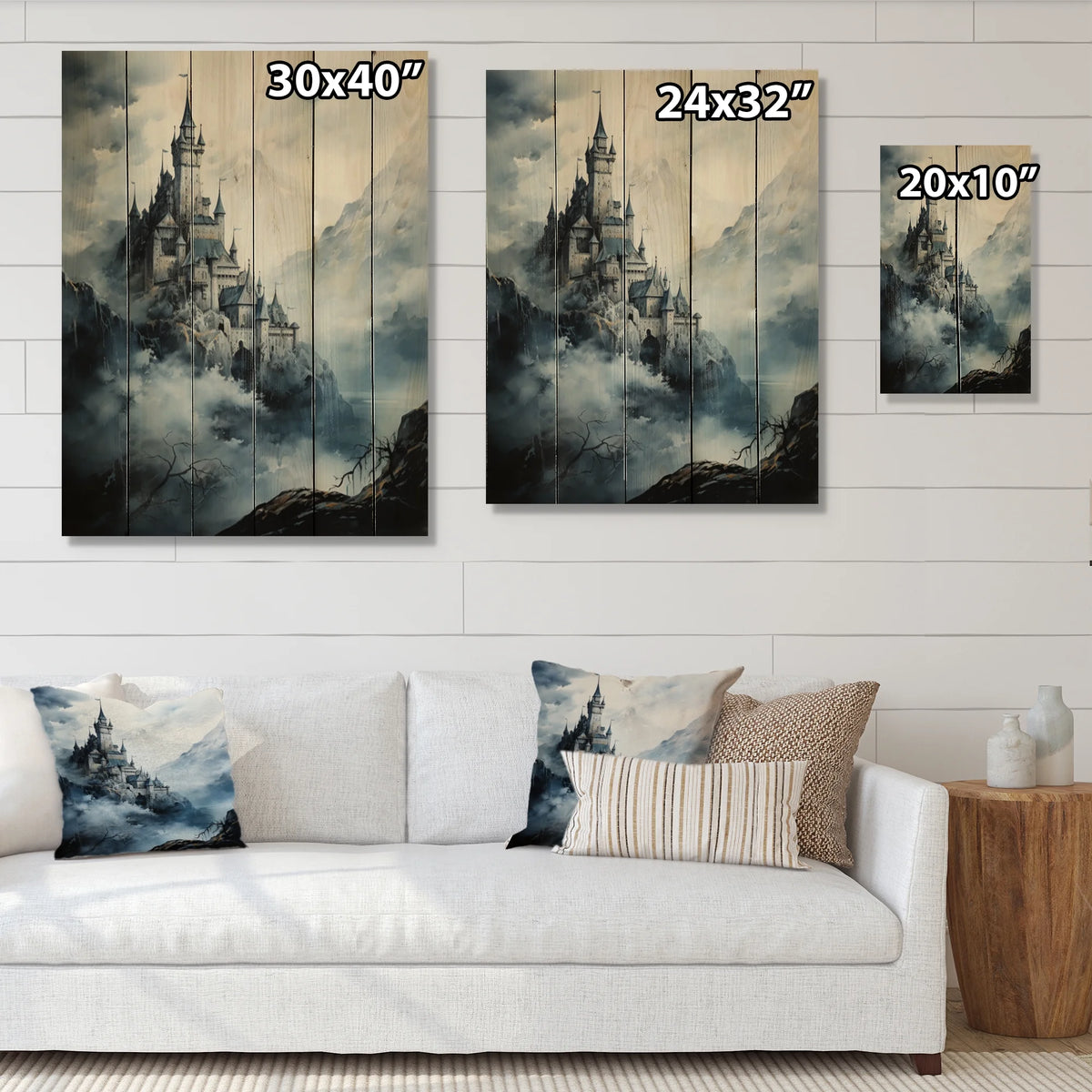Mountain Fortress Castles Misty Painting II Print on Natural Pine Wood J2649