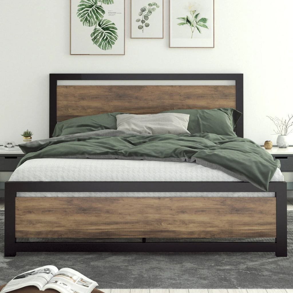 Queen Size Metal Platform Bed Frame with Wooden Headboard & Footboard N91205