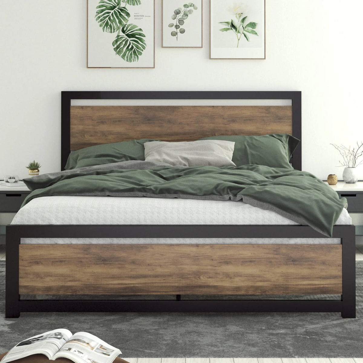 Queen Size Metal Platform Bed Frame with Wooden Headboard & Footboard N91205