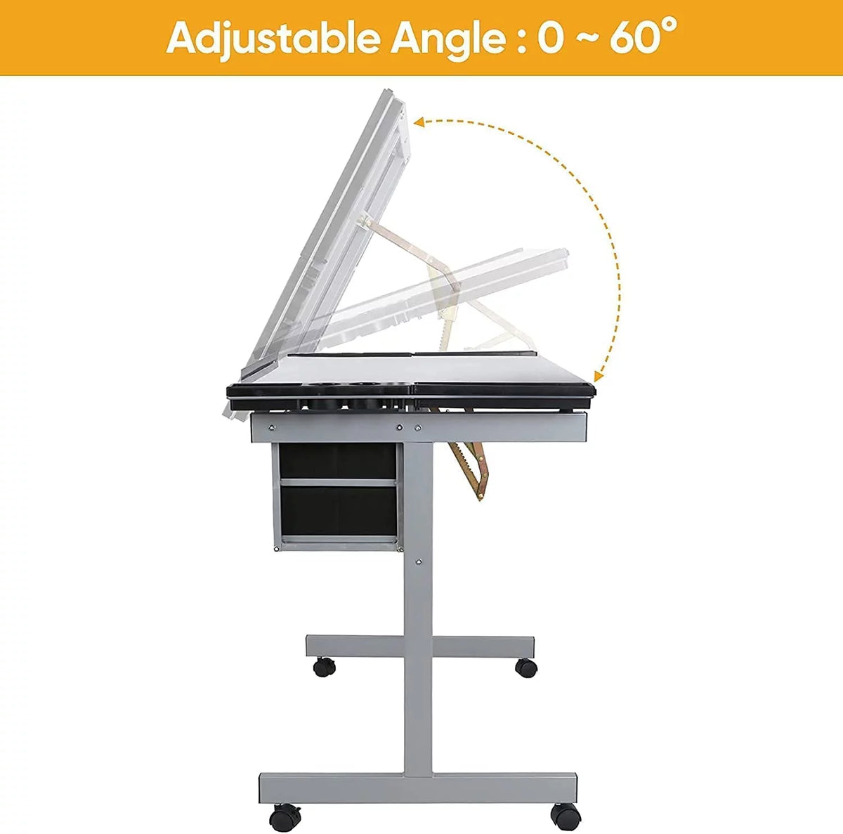 Adjustable Glass Tabletop Drawing Desk with 2 Slide Drawers and Wheels B654