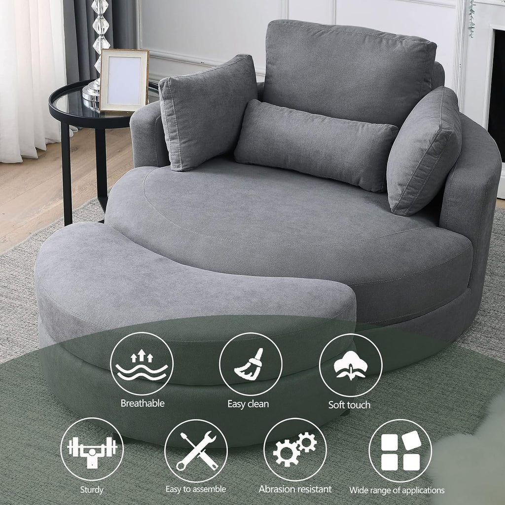 Dark Grey Linen Swivel Accent Chair with Storage Ottoman F5636