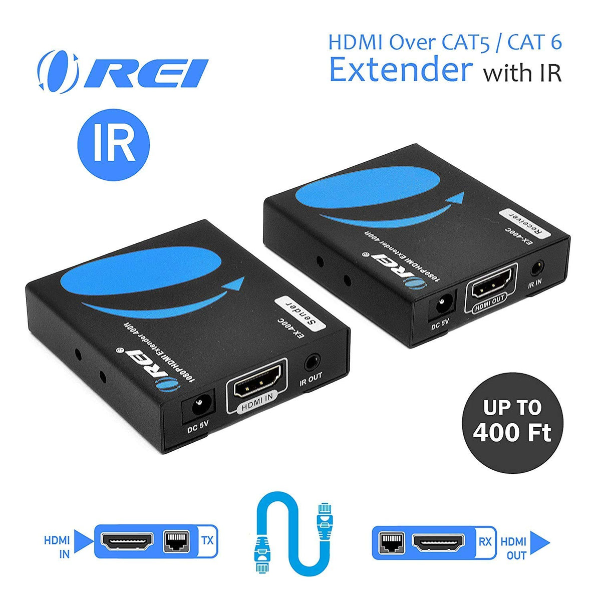 HDMI Extender Over LAN Single CAT5e/CAT6A/CAT7 Cable Uncompressed 1080p @ 60Hz with IR Up to 400 Ft Balun Kit Video Transmitter and Receiver W477