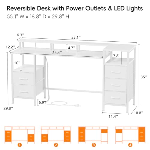55 Inch White Gaming Desk with Power Outlets and LED Lights E326