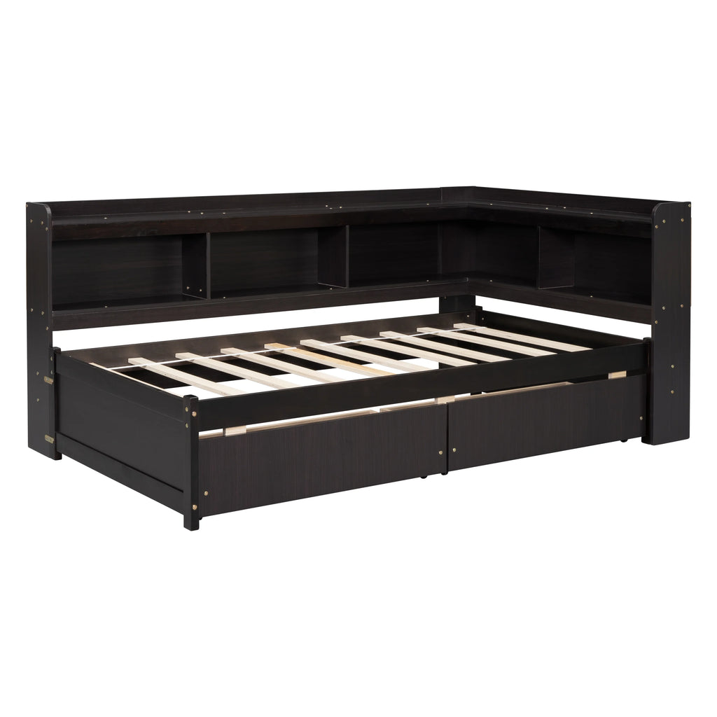 Twin Upholstered Daybed with Storage, Linen Button-Tufted, Double Drawers, Wood Slats, Beige Z196