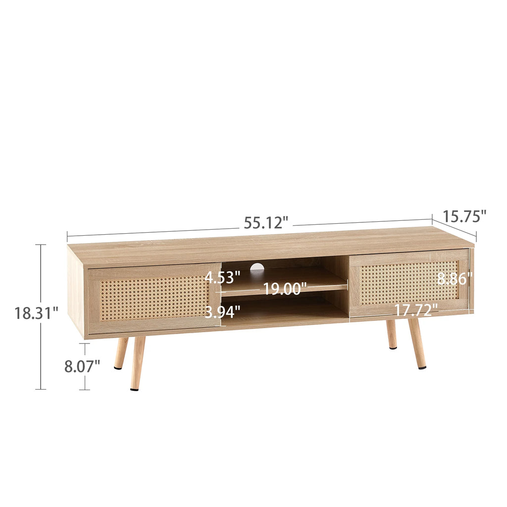 55.12" Rattan TV Cabinet with Sliding Doors and Adjustable Shelf Y975