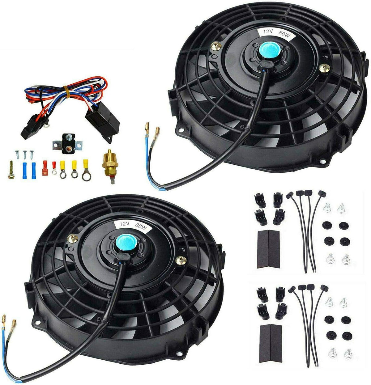 7" 12V Electric Radiator Cooling Fan with 3/8" Probe Thermostat Switch Kit Black (pack of 2) S288200