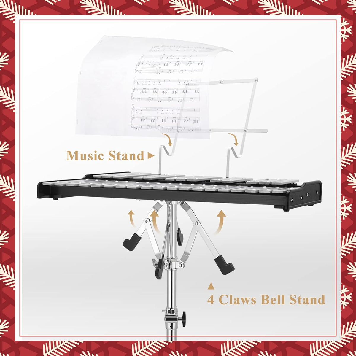 32 Note Glockenspiel Xylophone Bell Kit with 8 Inch Drum Practice Pad, Stand, Carrying Bag W39155