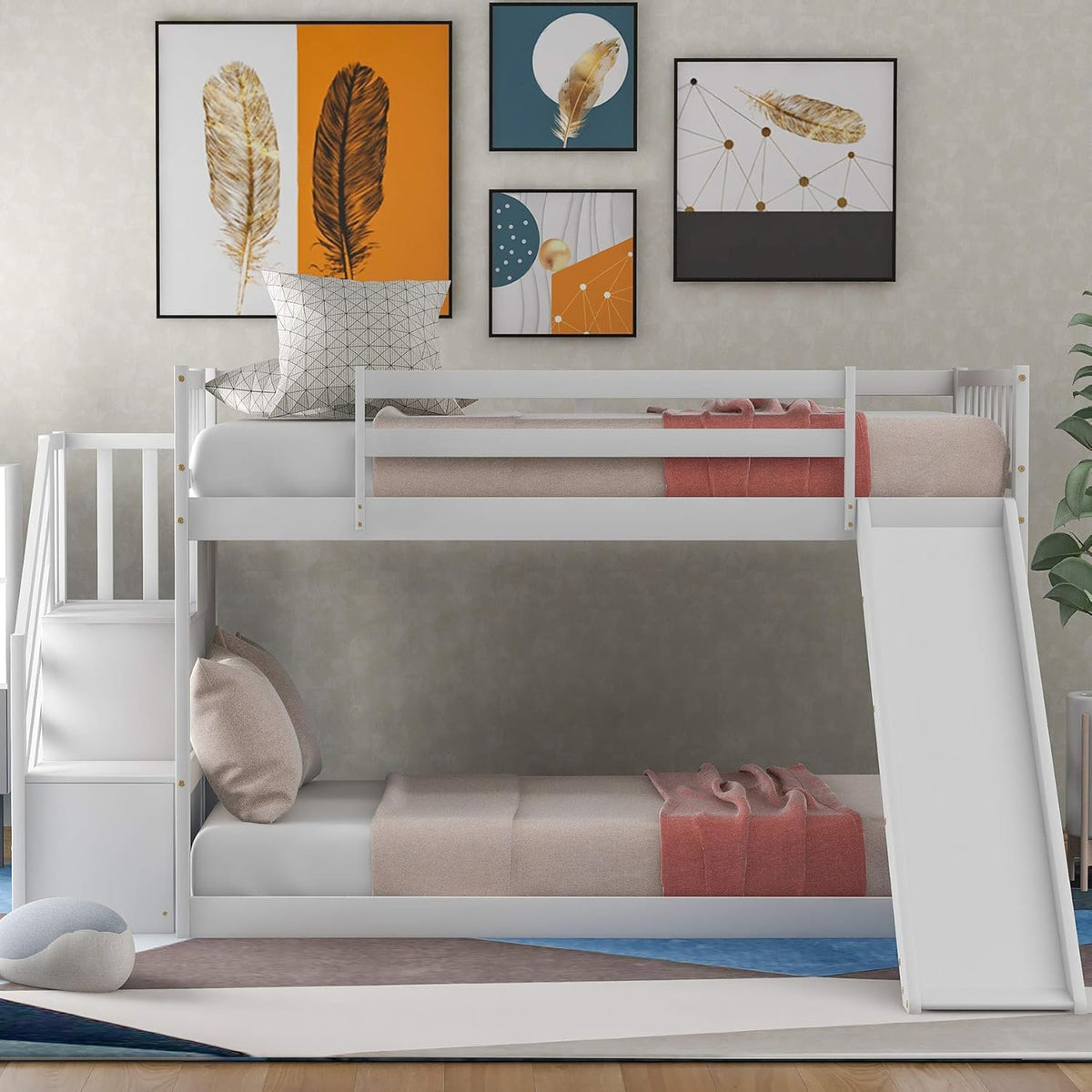 Twin Loft Beds with Slide and Staircase U431