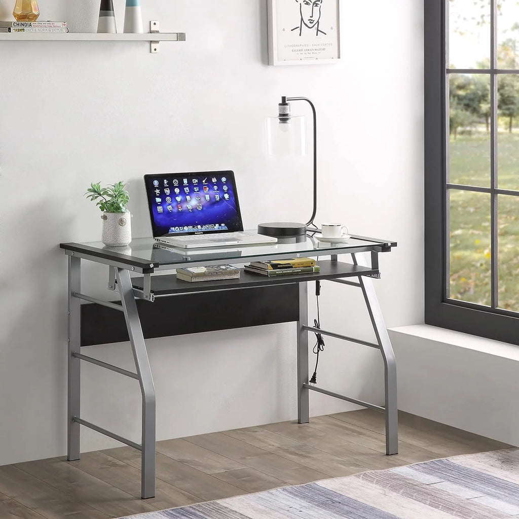 Metal and Glass Top Computer Desk H169