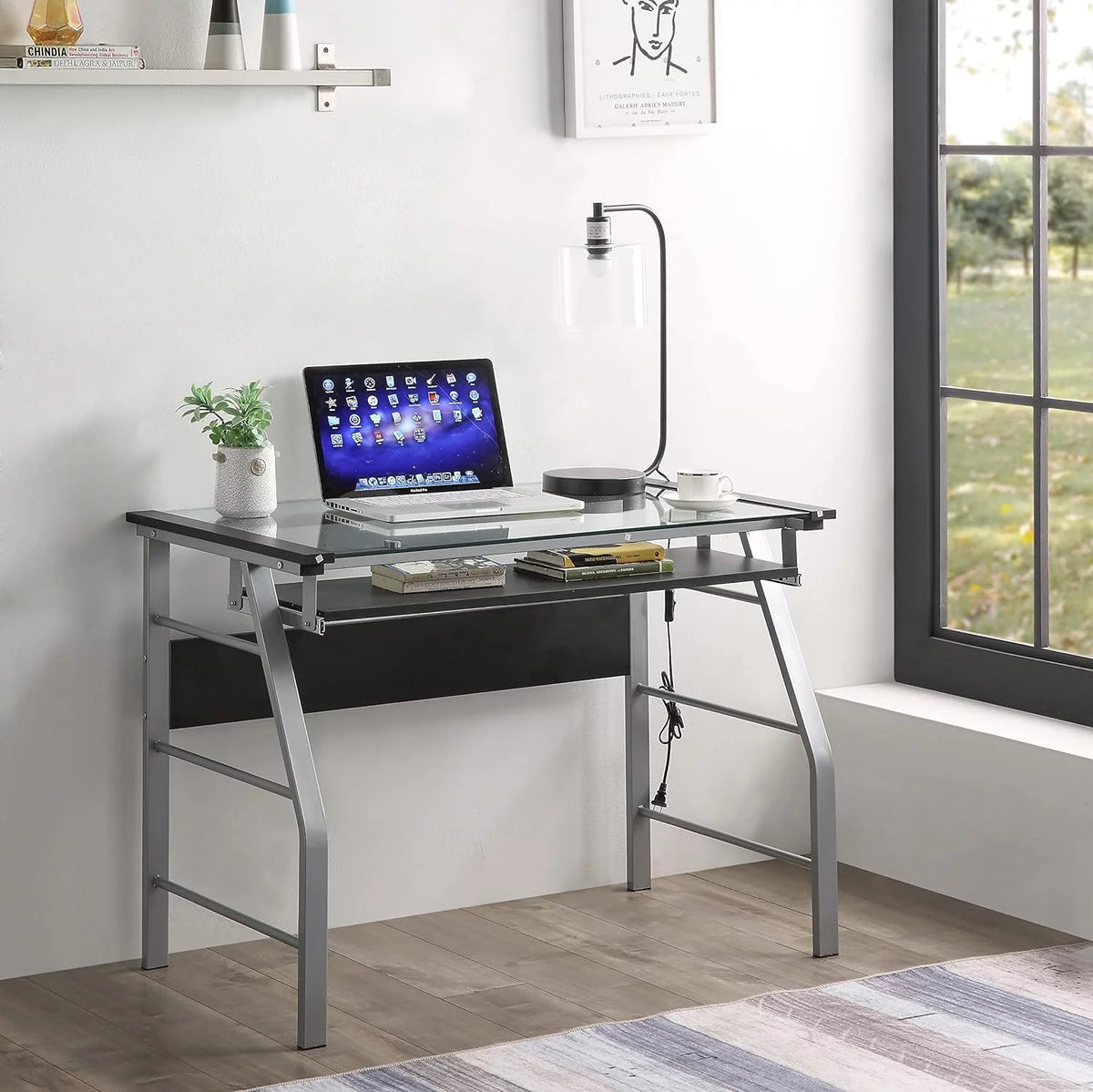 Metal and Glass Top Computer Desk H169