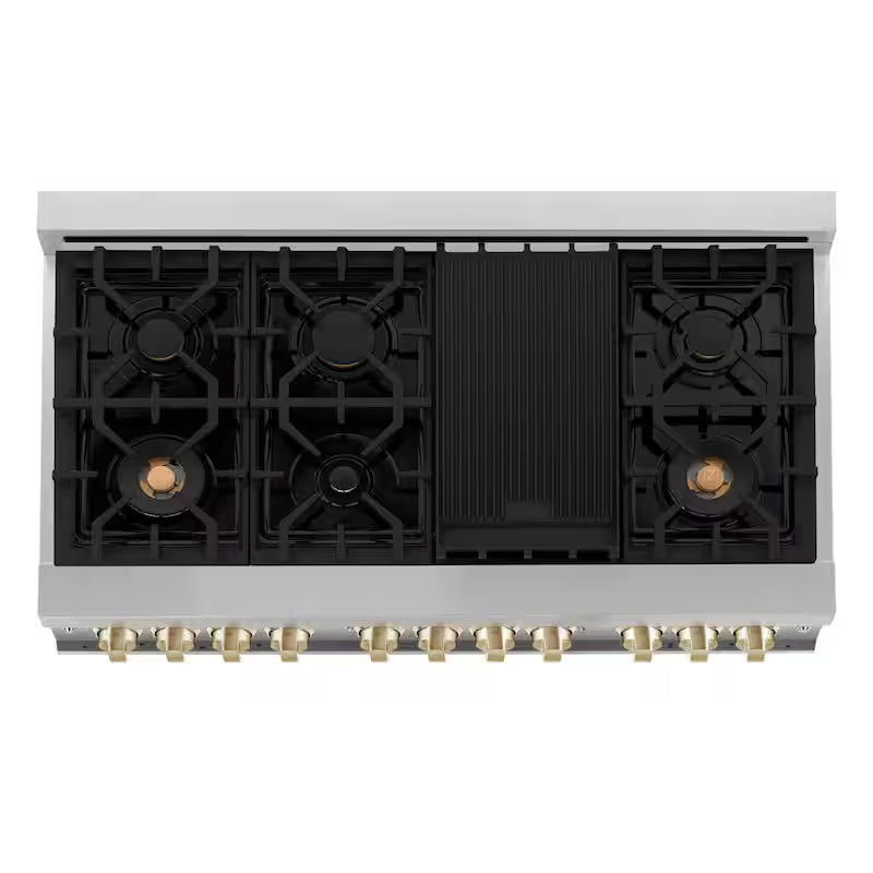 48 in. 7 Burner Double Oven Dual Fuel Range in Stainless Steel and Polished Gold M505