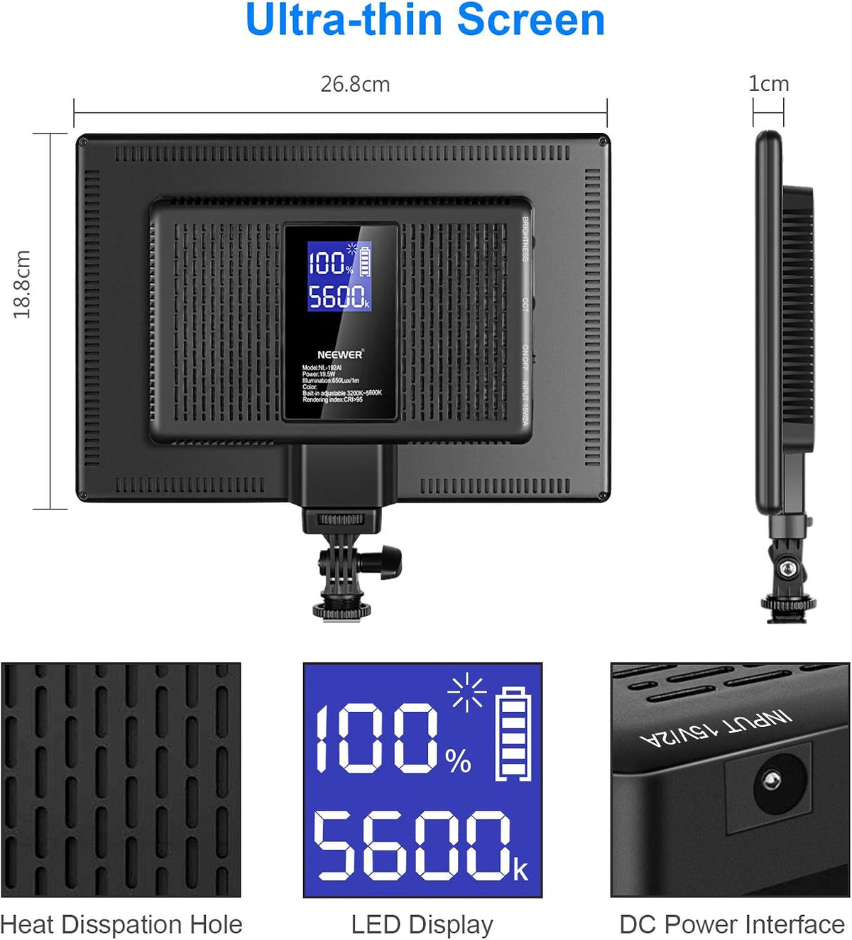 Ultra-Thin LED Soft Light Panel with LCD Display, Dimmable Bi-Color 3200-5600K CRI95+ On Camera Video Light T89910