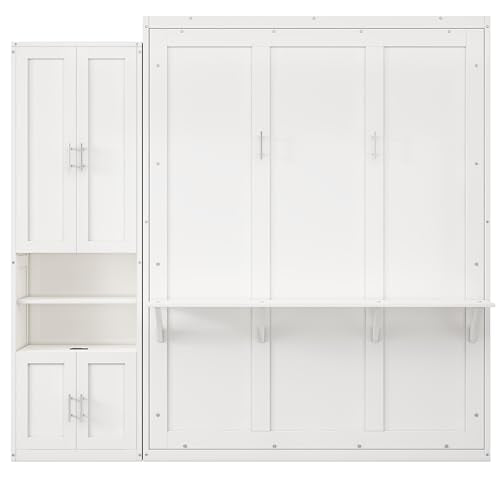 Queen Murphy Bed with 2 Side Cabinet Storage Shelf, Metal Frame, Brown J6424