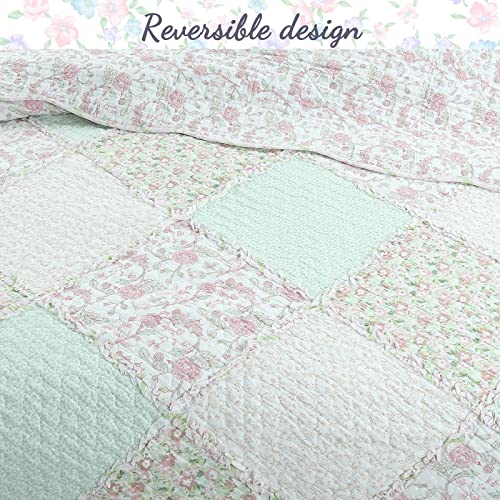 3-Piece Soft Pink Peach Green Cotton Reversible Queen Quilt Bedding Set J587746