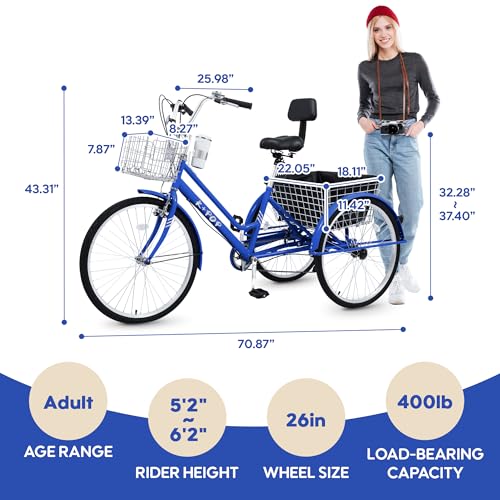 26 Inch 7 Speed Adult Tricycle with Backrest and Baskets T579