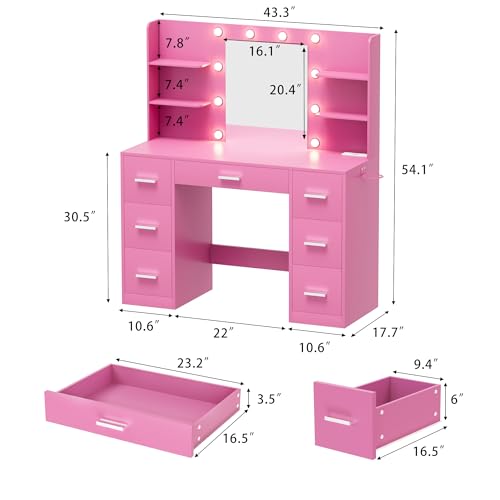 White Vanity Desk with Mirror, LED Lights, 7 Drawers and 6 Storage Shelves M659183