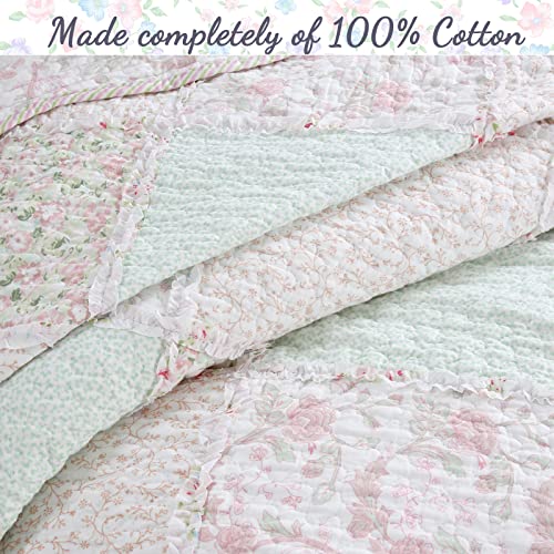 3-Piece Soft Pink Peach Green Cotton Reversible Queen Quilt Bedding Set J587746