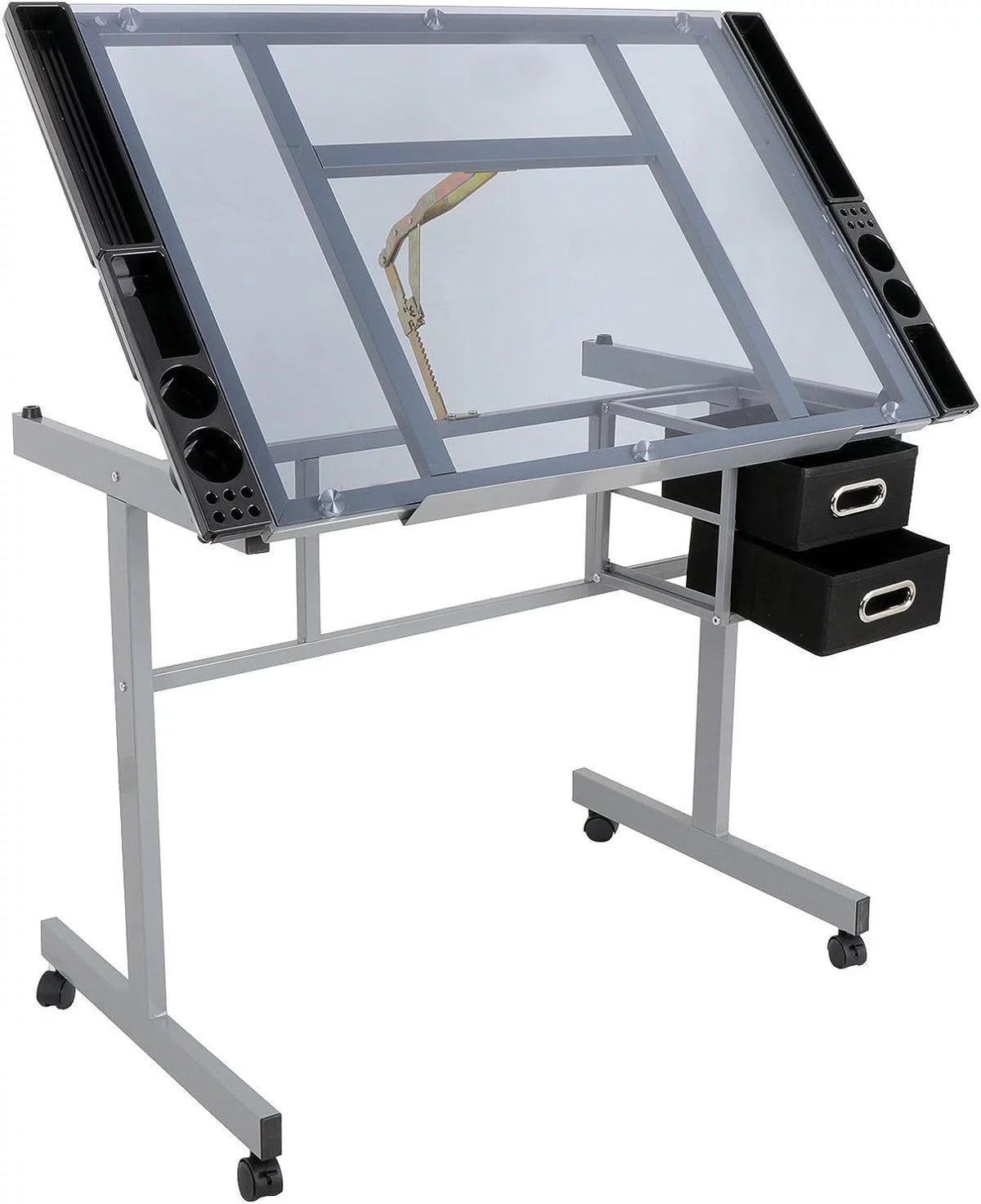 Adjustable Glass Tabletop Drawing Desk with 2 Slide Drawers and Wheels B654