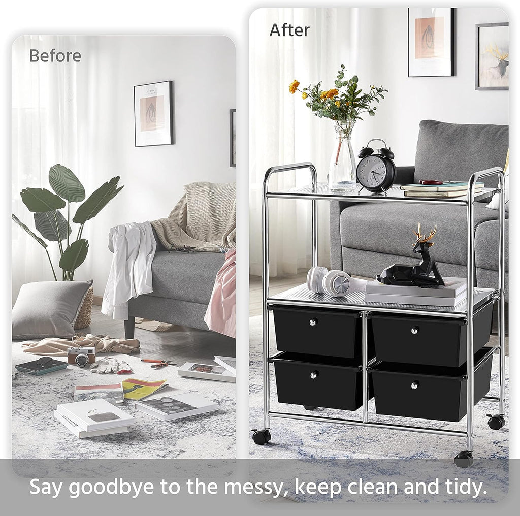Rolling Storage Cart with 4 Drawers 2 Shelves Black L28706