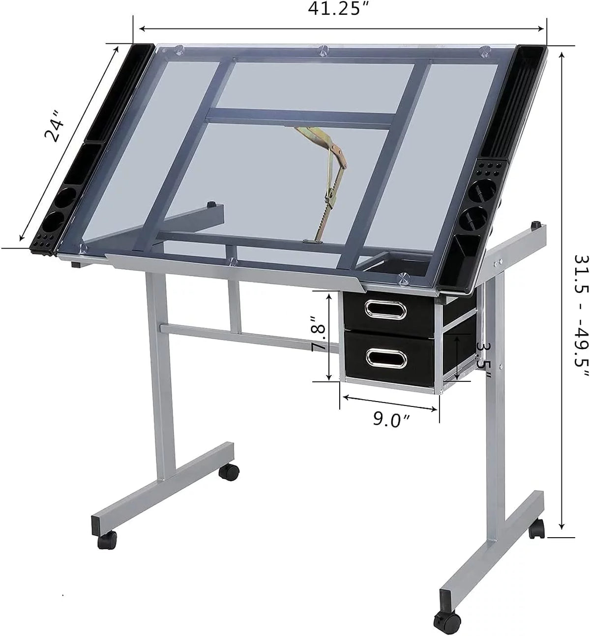 Adjustable Glass Tabletop Drawing Desk with 2 Slide Drawers and Wheels B654