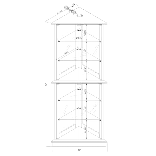 72" Tall Corner Cabinet with LED Light, Glass Doors, Adjustable Shelves, Mirrored Back Panel, Curved Wood J745852