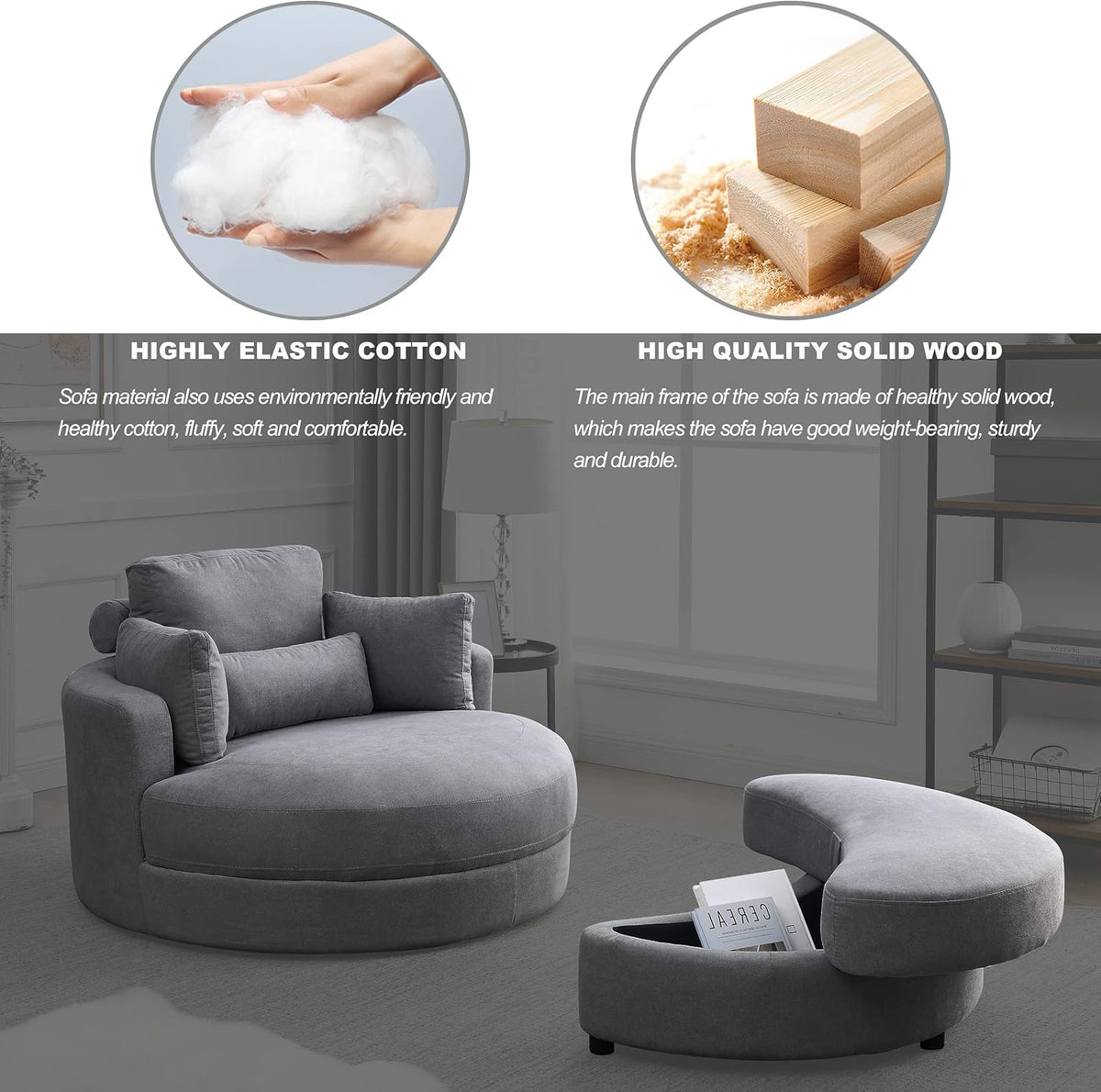 Dark Grey Linen Swivel Accent Chair with Storage Ottoman F5636
