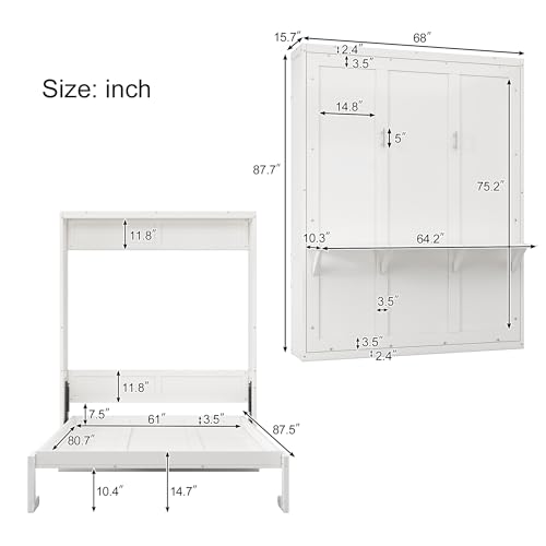 Queen Murphy Bed with 2 Side Cabinet Storage Shelf, Metal Frame, Brown J6424