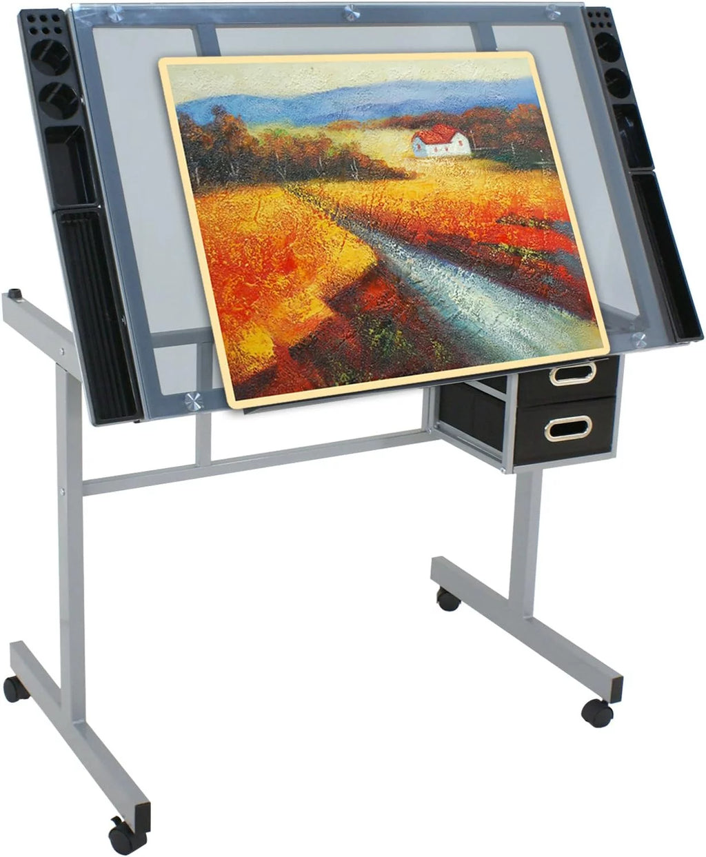 Adjustable Glass Tabletop Drawing Desk with 2 Slide Drawers and Wheels B654