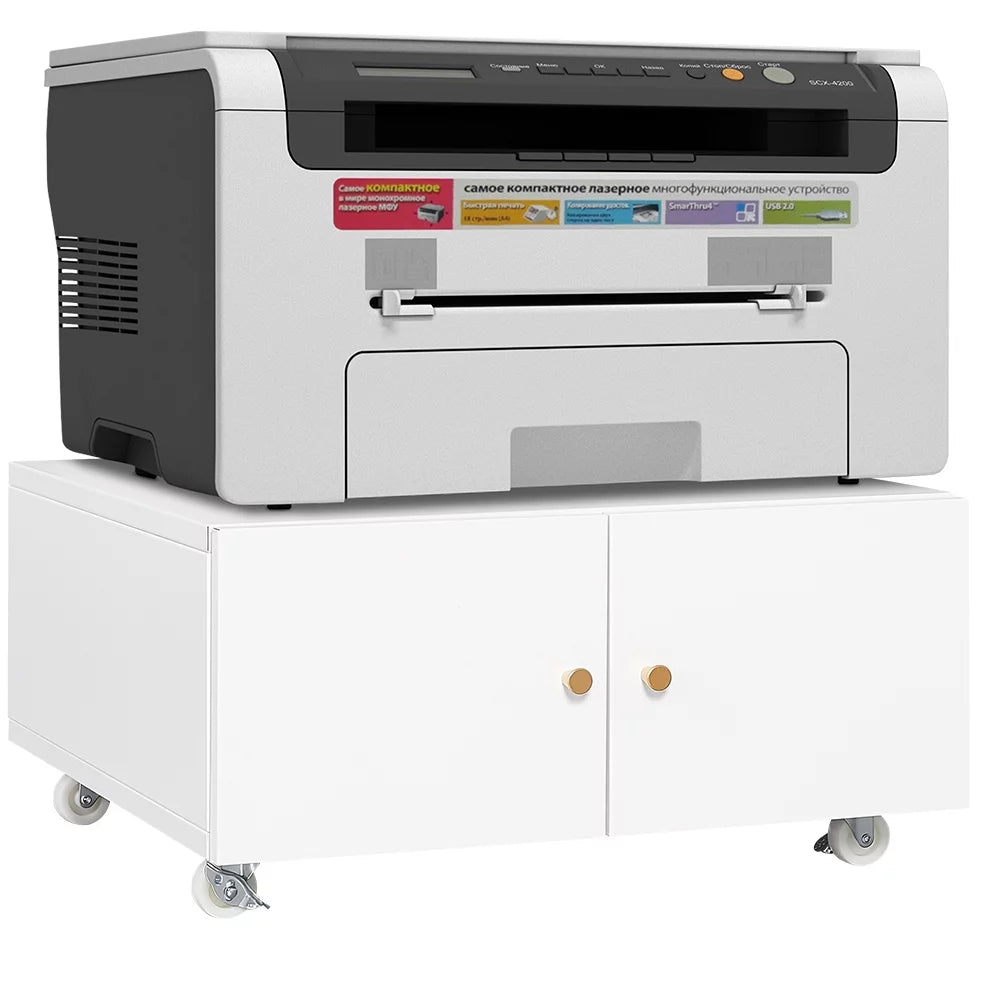 White Printer Stand with Storage Cabinet and Wheels I310