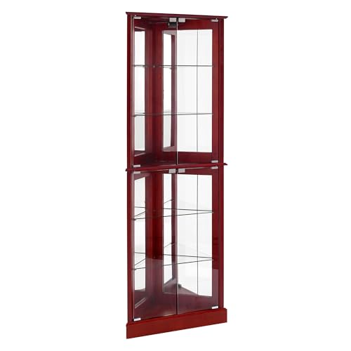 72" Tall Corner Cabinet with LED Light, Glass Doors, Adjustable Shelves, Mirrored Back Panel, Curved Wood J745852