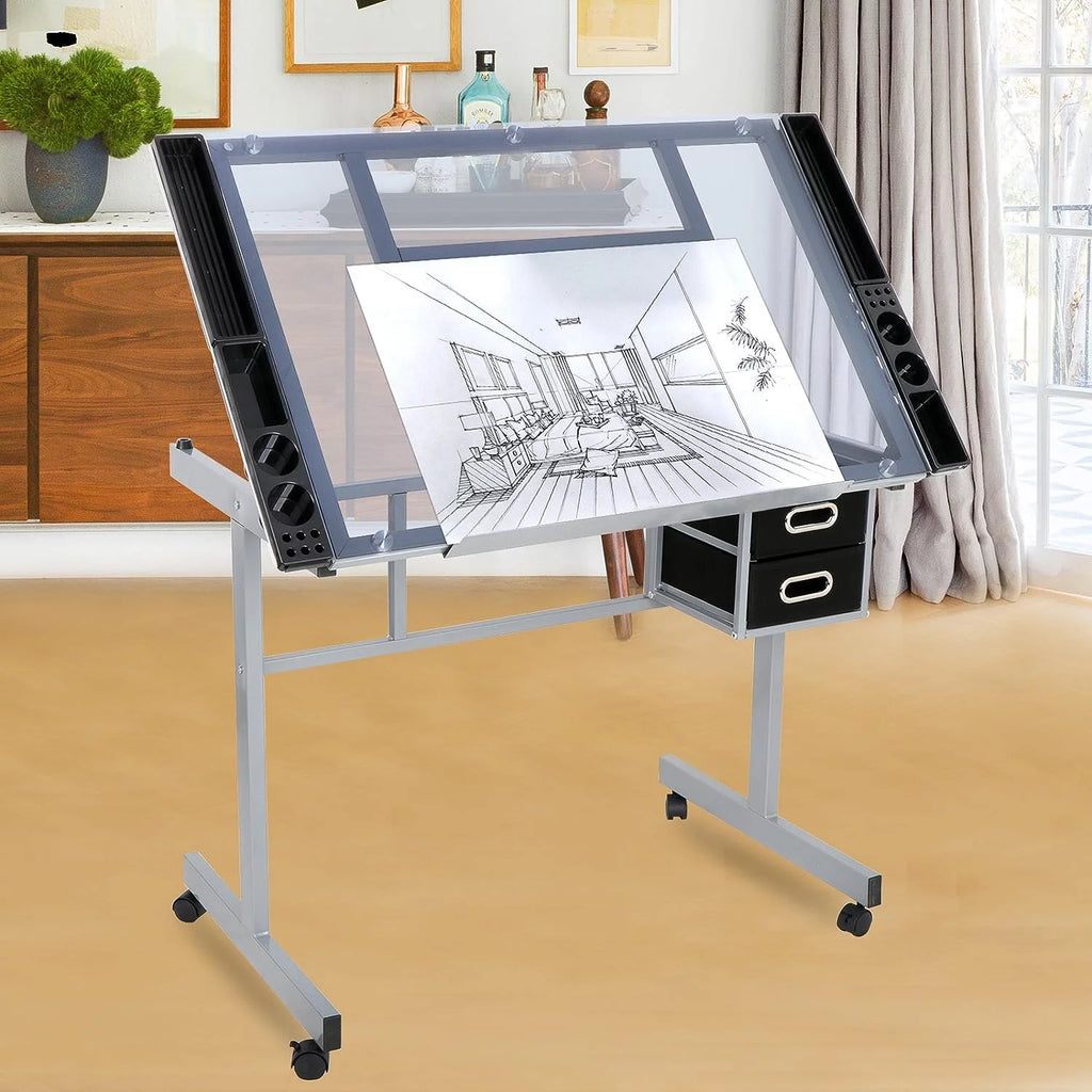 Adjustable Glass Tabletop Drawing Desk with 2 Slide Drawers and Wheels B654