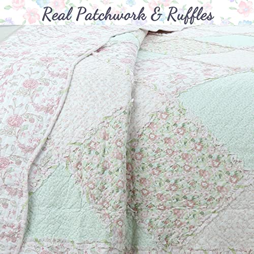 3-Piece Soft Pink Peach Green Cotton Reversible Queen Quilt Bedding Set J587746