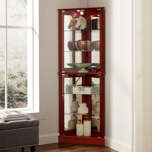 72" Tall Corner Cabinet with LED Light, Glass Doors, Adjustable Shelves, Mirrored Back Panel, Curved Wood J745852