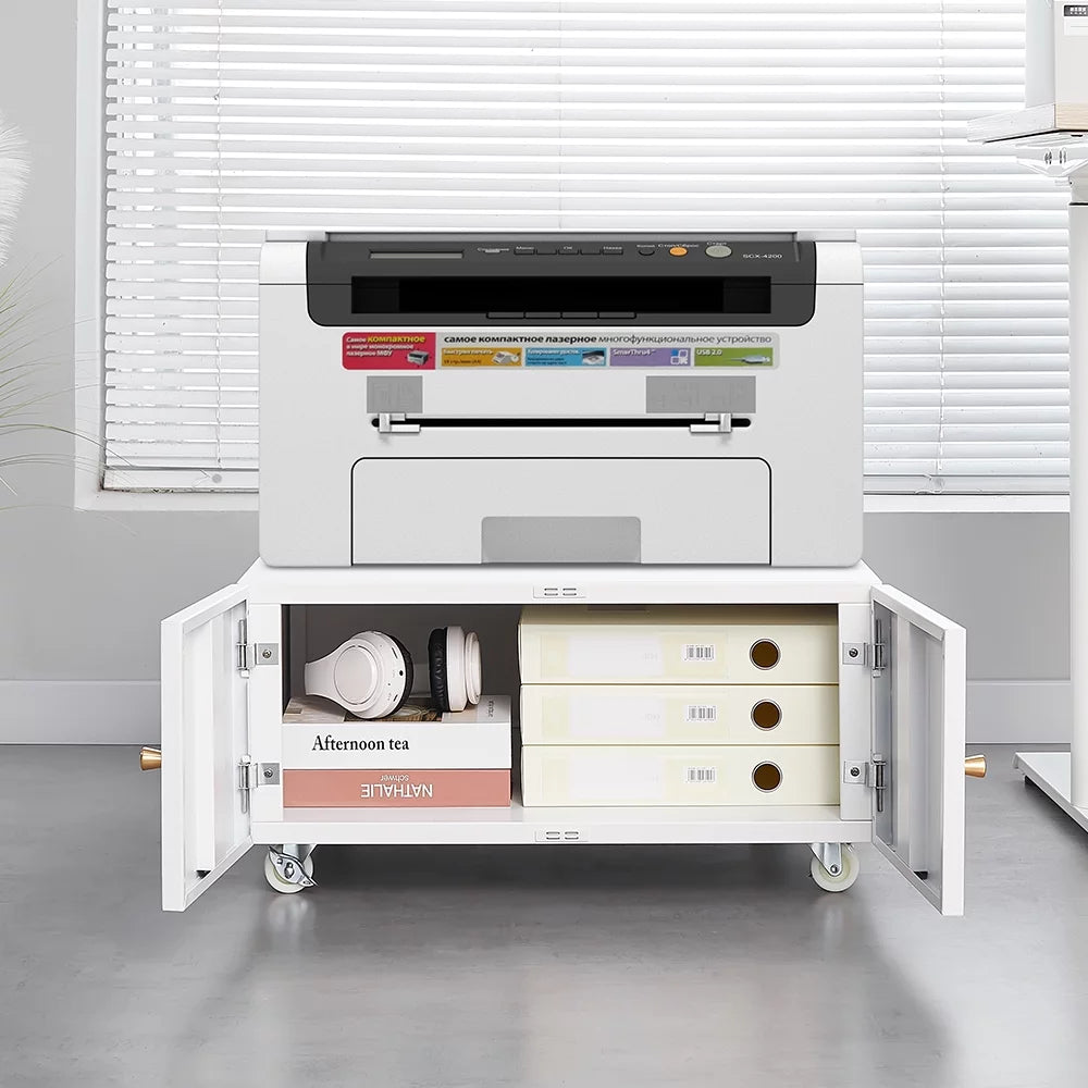 White Printer Stand with Storage Cabinet and Wheels I310