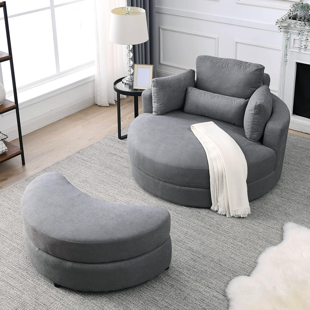 Dark Grey Linen Swivel Accent Chair with Storage Ottoman F5636