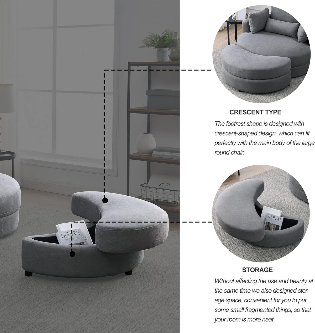 Dark Grey Linen Swivel Accent Chair with Storage Ottoman F5636