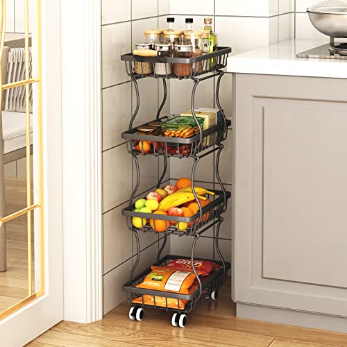 4 Tier Slim Metal Wire Fruit Basket on Wheels Z76617