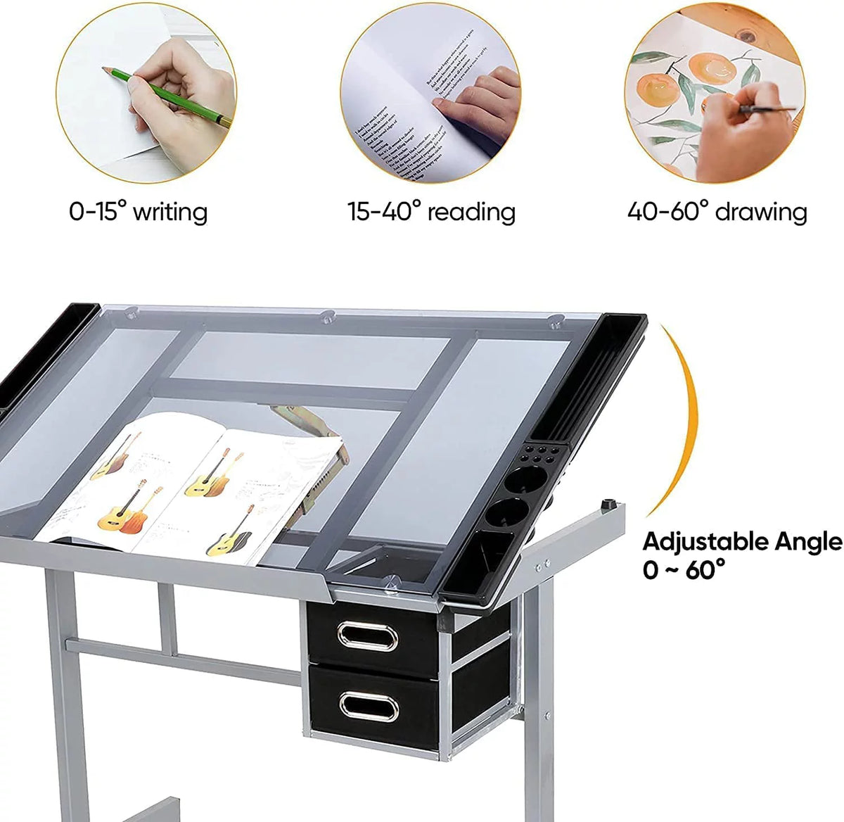 Adjustable Glass Tabletop Drawing Desk with 2 Slide Drawers and Wheels B654