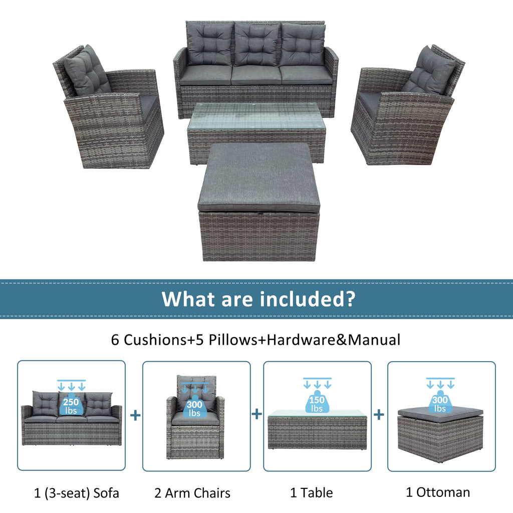5-Piece Wicker PE Rattan Patio Sofa Set with Glass Coffee Table and Ottoman X86348