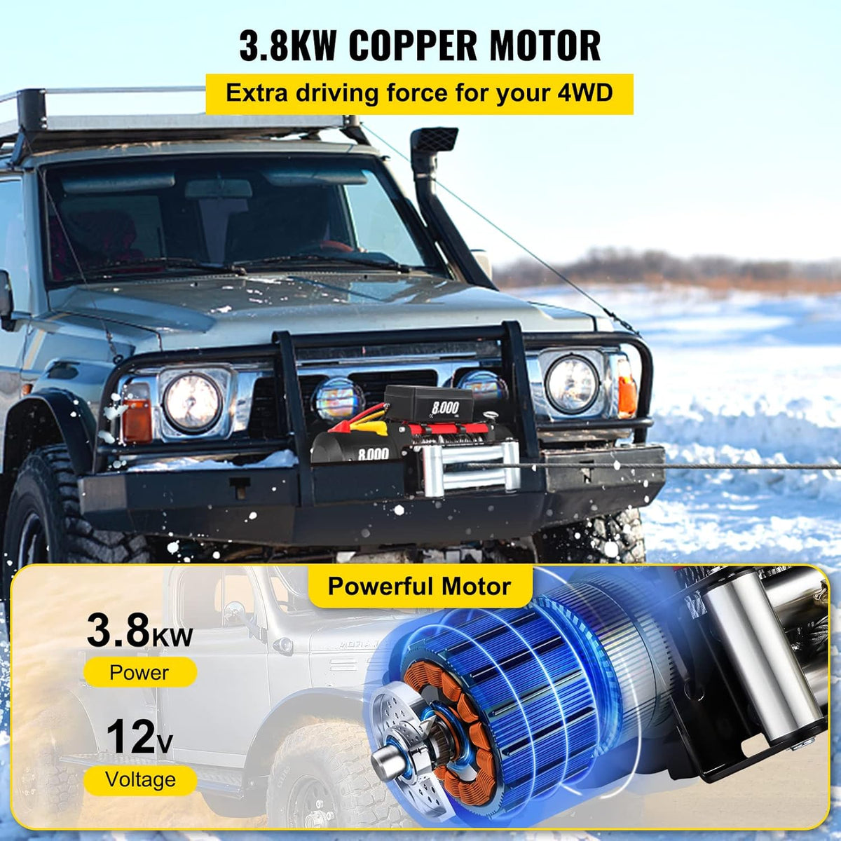Electric Winch 8000lb Load Capacity 12V Steel Cable Wireless Remote Control P574041